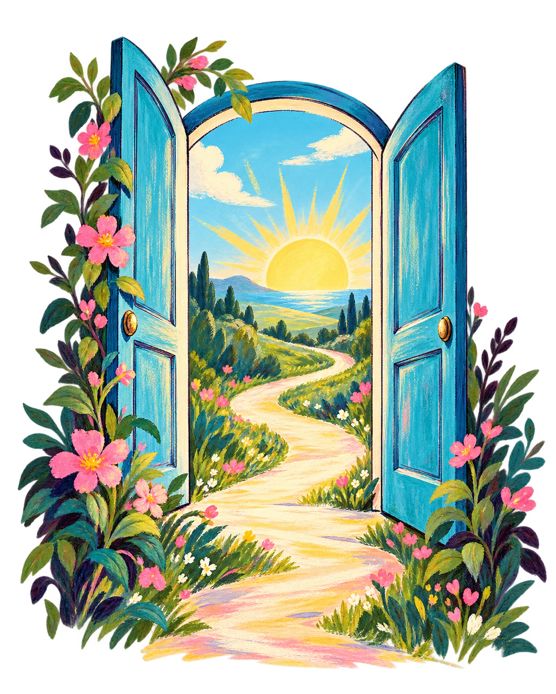 A hand-drawn blue doorway opening onto a sunlit landscape with flowers